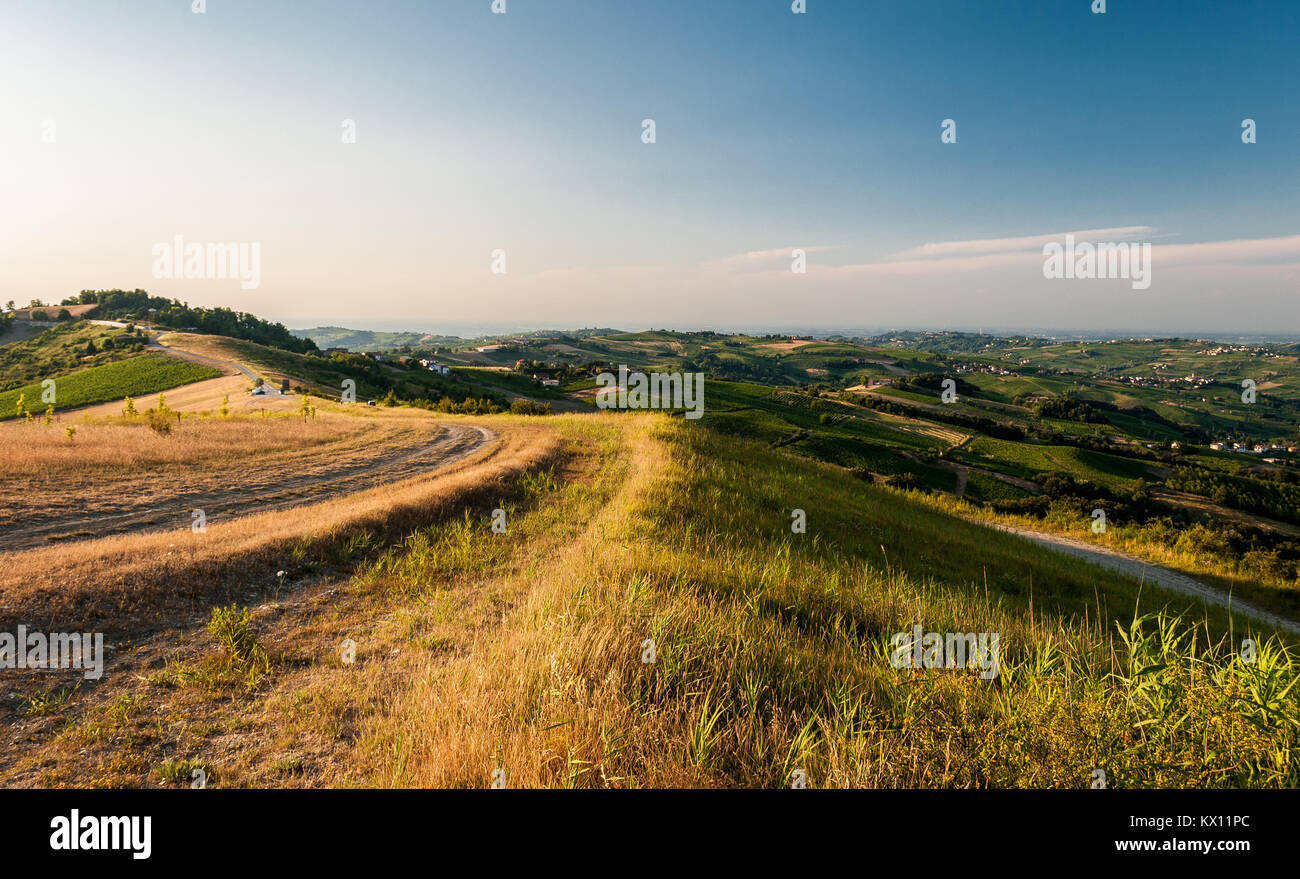Hügel im Oltrepo Pavese" während der Goldenen Stunde Stockfoto