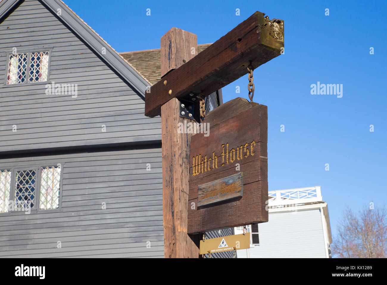 SALEM, Massachusetts - Dezember 28, 2017: Blick auf die historischen Salem Witch House, dem ehemaligen Zuhause von Richter Jonathan Corwin. Stockfoto