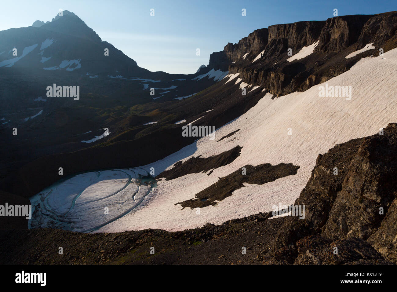 Die South Teton steigen über schulraum Gletscher an der Spitze der South Fork von Cascade Canyon in den Teton Mountains. Der Grand Teton National Park, Wyom Stockfoto