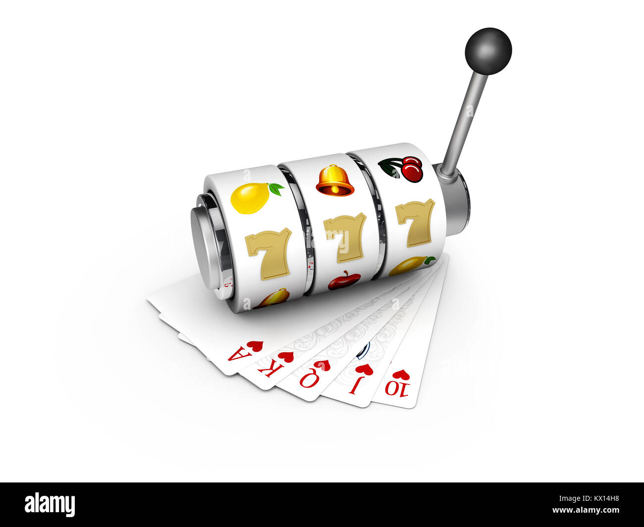 3D-Darstellung der Slot Maschine mit Lucky sevens Jackpot mit Karten spielen Stockfoto