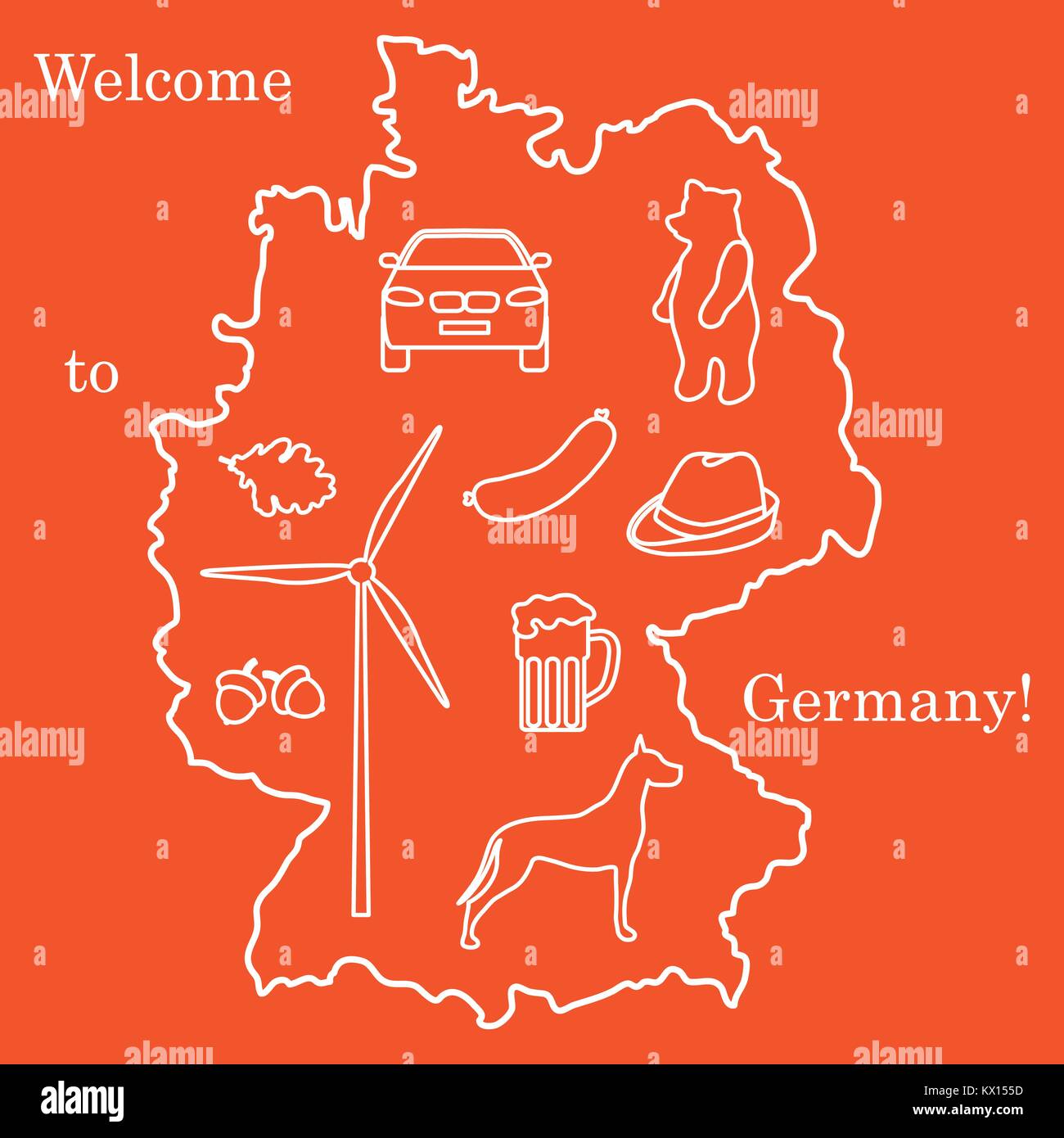 Vector Illustration mit verschiedenen Symbolen in Deutschland. Reisen und Freizeit. Design für Banner, Poster oder Drucken. Stock Vektor