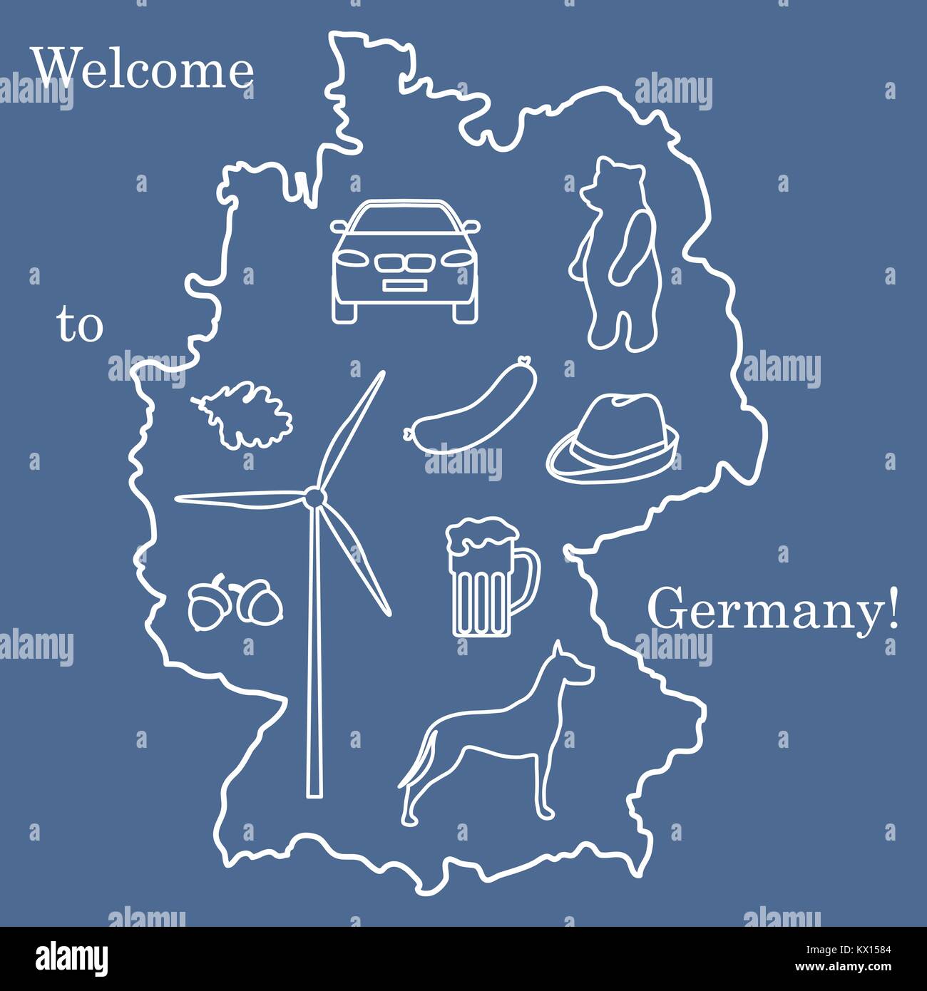Vector Illustration mit verschiedenen Symbolen in Deutschland. Reisen und Freizeit. Design für Banner, Poster oder Drucken. Stock Vektor