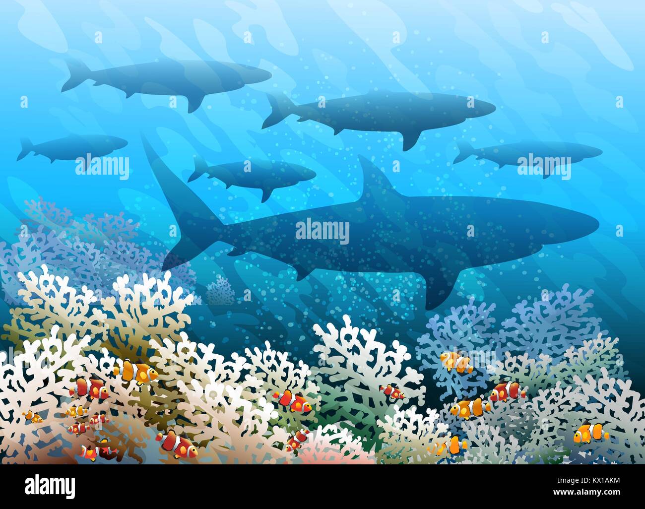 Shoal von Haien schwimmen über Coral Meeresgrund. Vector Illustration. Stock Vektor