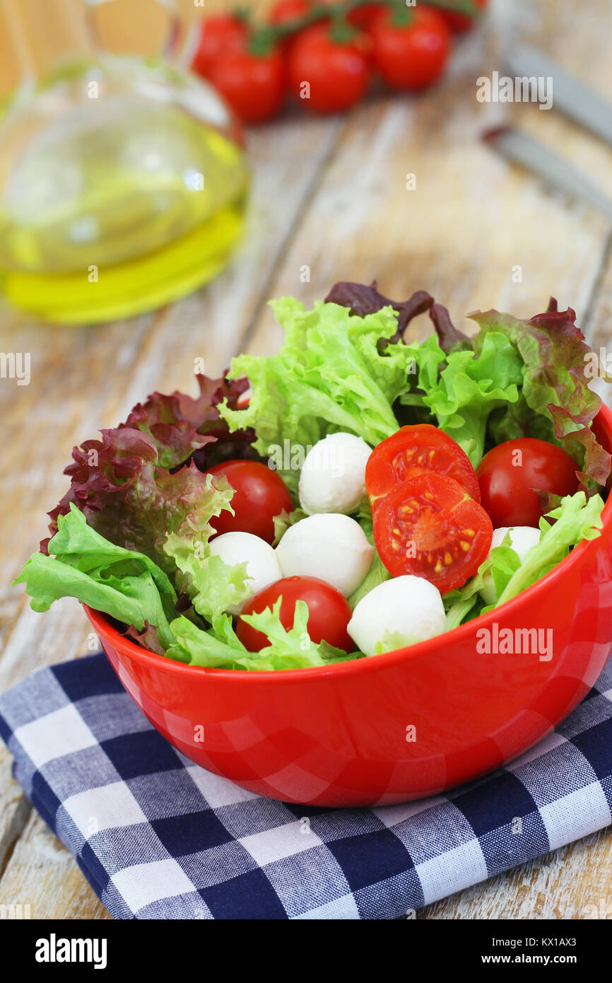 Schüssel mit Mozzarella Salat mit Cherry Tomaten und Kopfsalat Stockfoto