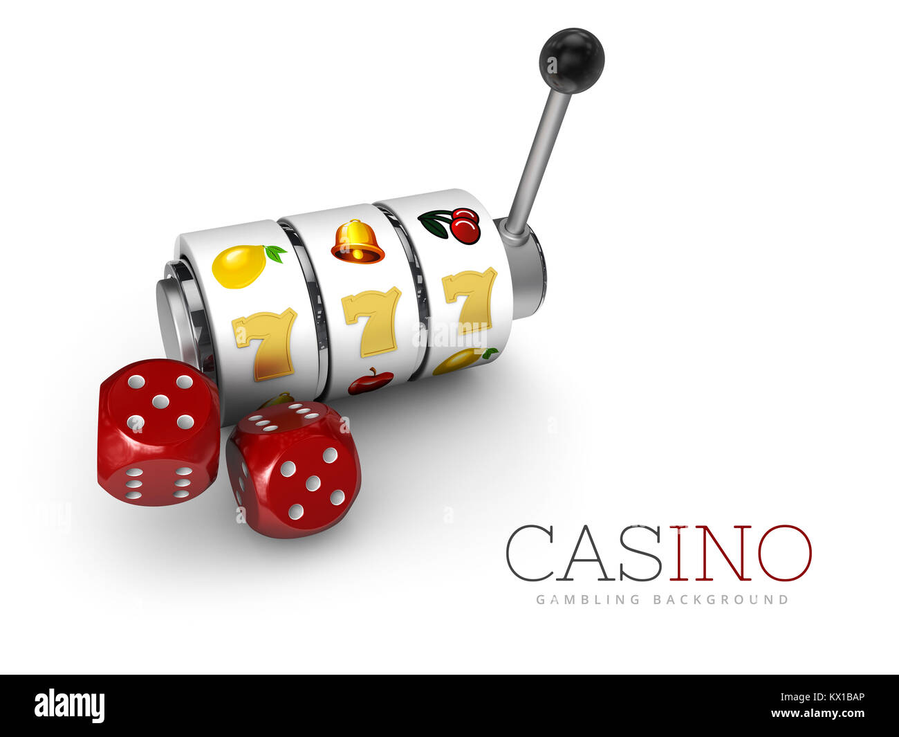 3D-Darstellung der Slot Maschine mit Lucky sevens Jackpot und Würfel Stockfoto