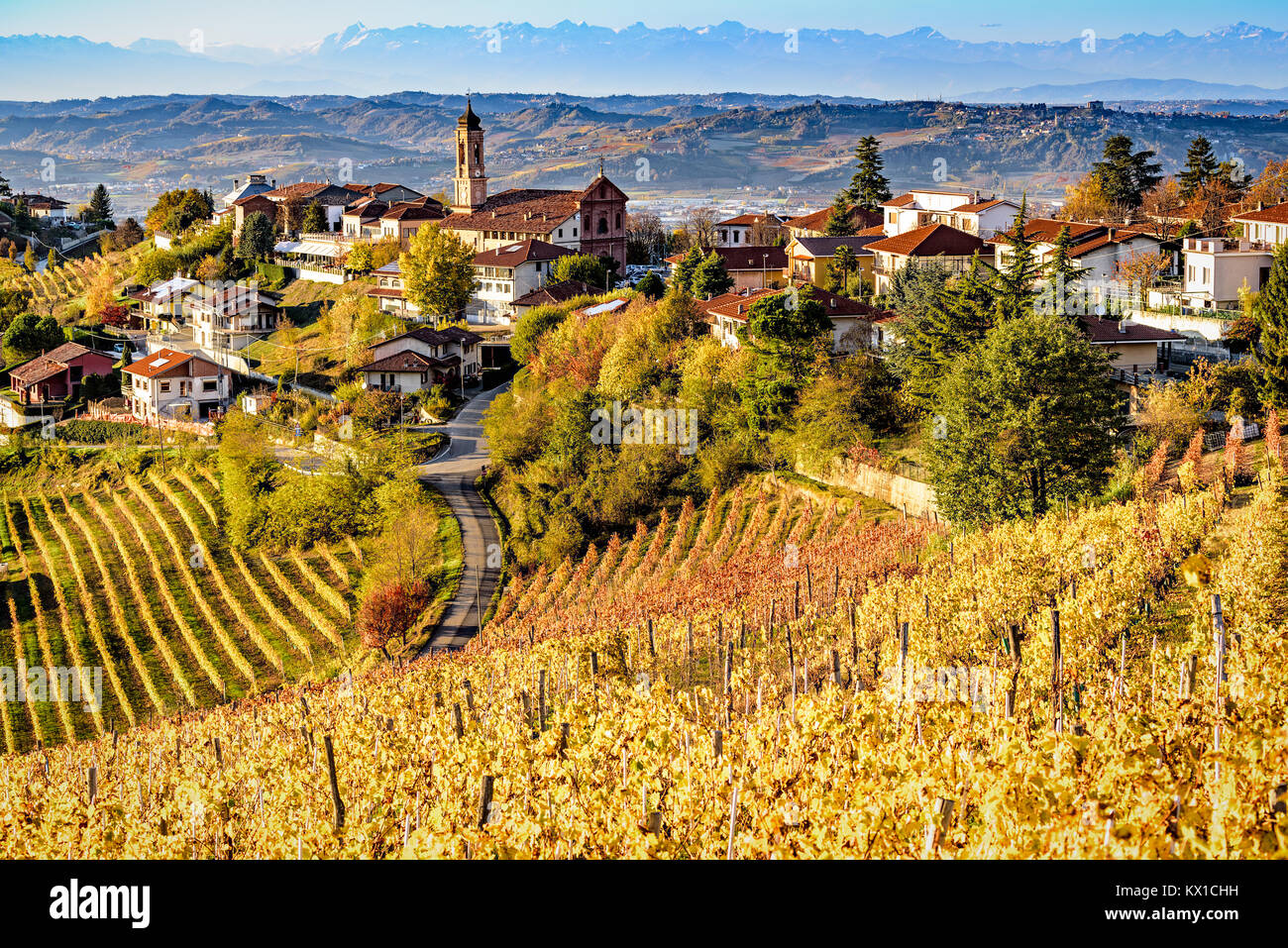 Dorf in Treiso Langhe, Norditalien, Unesco Weltkulturerbe im Herbst Stockfoto