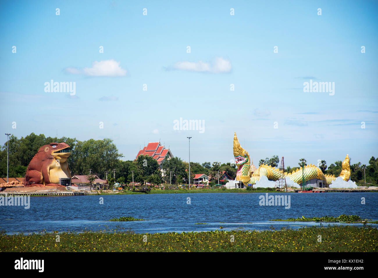 Anzeigen Landschaft von Chi Fluss mit Naga Statue und Phaya Tan öffentlichen Park und Phayakunkak Museum Nationaler oder Kröte Museum in Yasothon, Thailand Stockfoto
