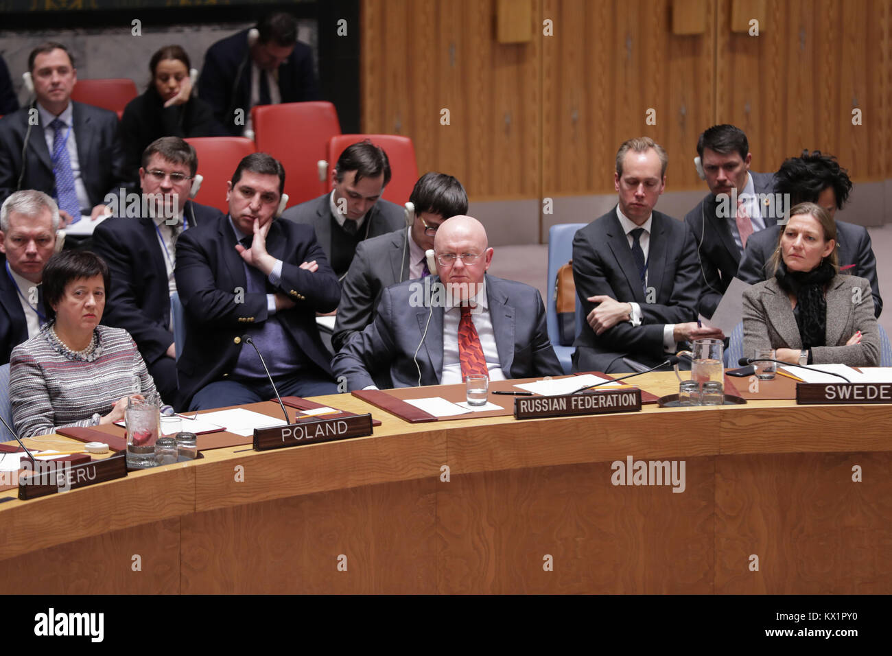 New York, NY, USA. 5 Jan, 2018. Vereinten Nationen, New York, USA, 05. Januar 2018 - Vassily Aleksejewitsch Nebenzia, Ständiger Vertreter der Russischen Föderation bei den Vereinten Nationen während der Sicherheitsrat Anfang der Prüfung der Situation im Iran heute auf das UN-Hauptquartier in New York City. Foto: Luiz Rampelotto/EuropaNewswire Credit: Luiz Rampelotto/ZUMA Draht/Alamy leben Nachrichten Stockfoto