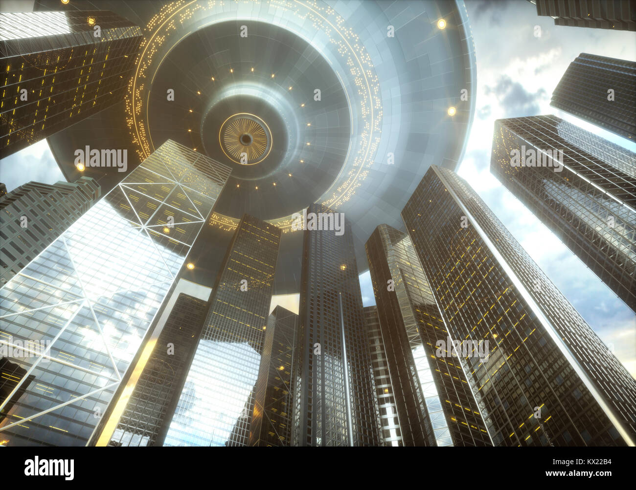 Raumschiff über futuristische Stadt, Abbildung. Stockfoto