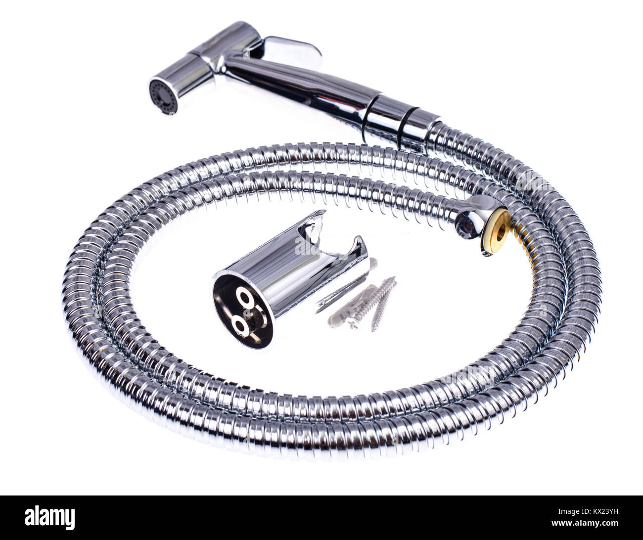 Verchromte Dusche mit Schlauch Stockfoto