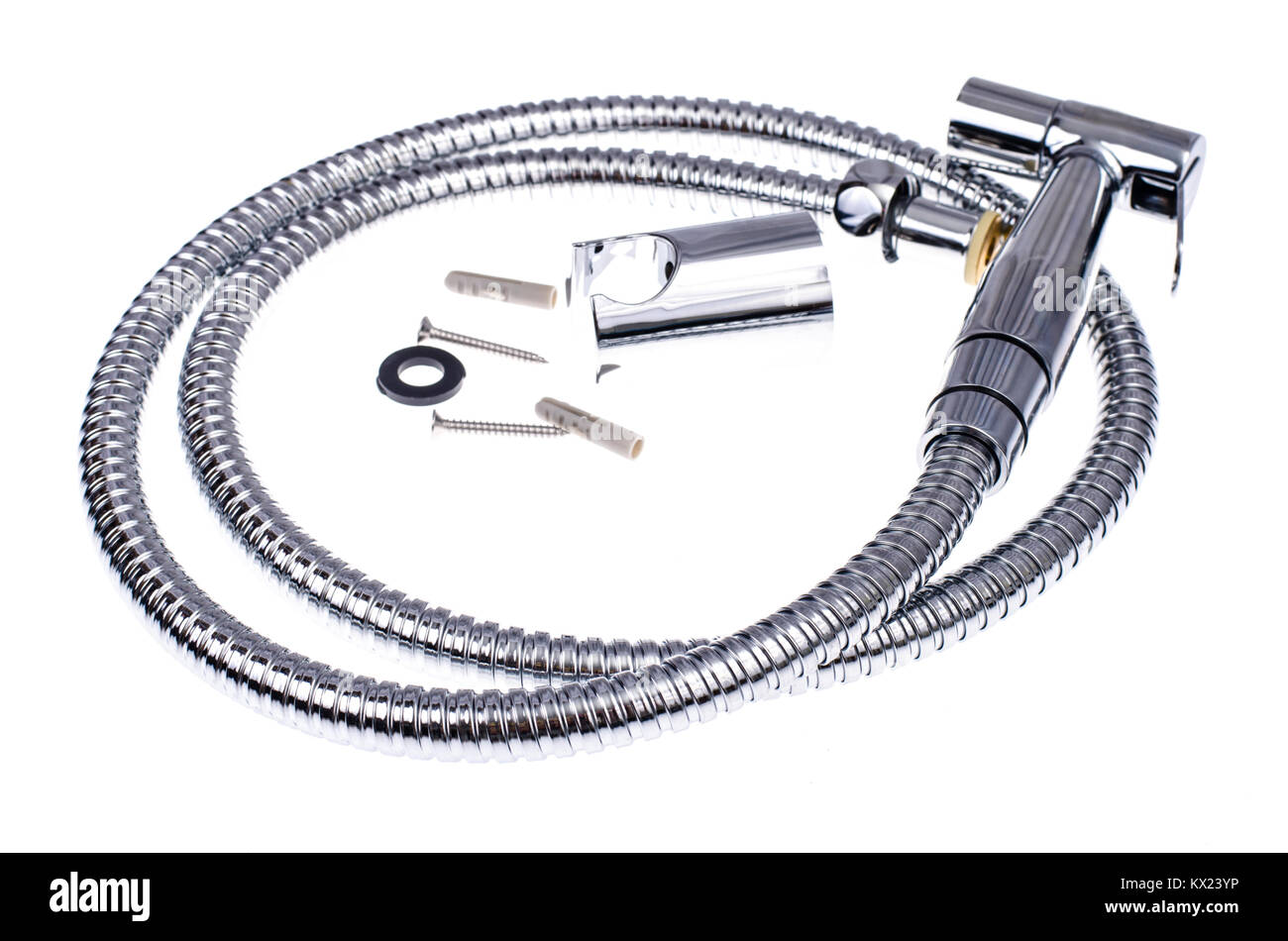 Verchromte Dusche mit Schlauch Stockfoto