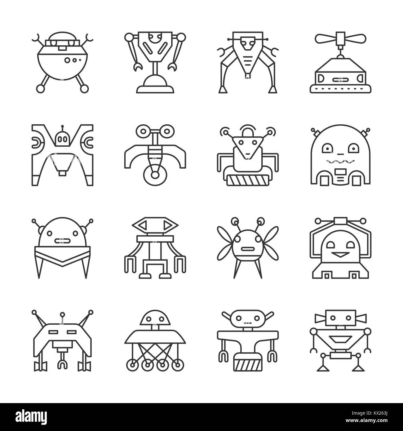 Roboter thin line Icon Set. Transformator lineare Symbol pack Cyborg Umriss ohne füllen Ai Zeichen editierbarer Schlaganfall einfache Web, Print, Karte, Maschine, Etikett, Stock Vektor
