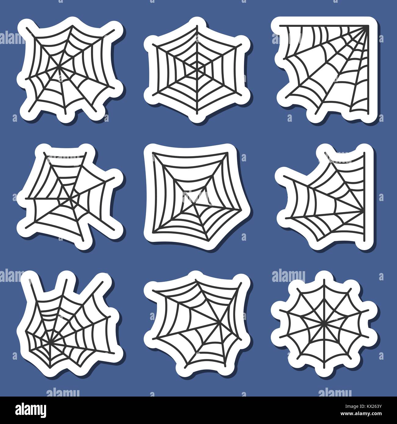 Spider Web Icon Sticker Set. Spinnennetz schwarz auf weißen Abzeichen Spiderweb Print, Plakat, Label isoliert Sammlung Patchwork, Scrapbook ziehender Schnitt Stock Vektor