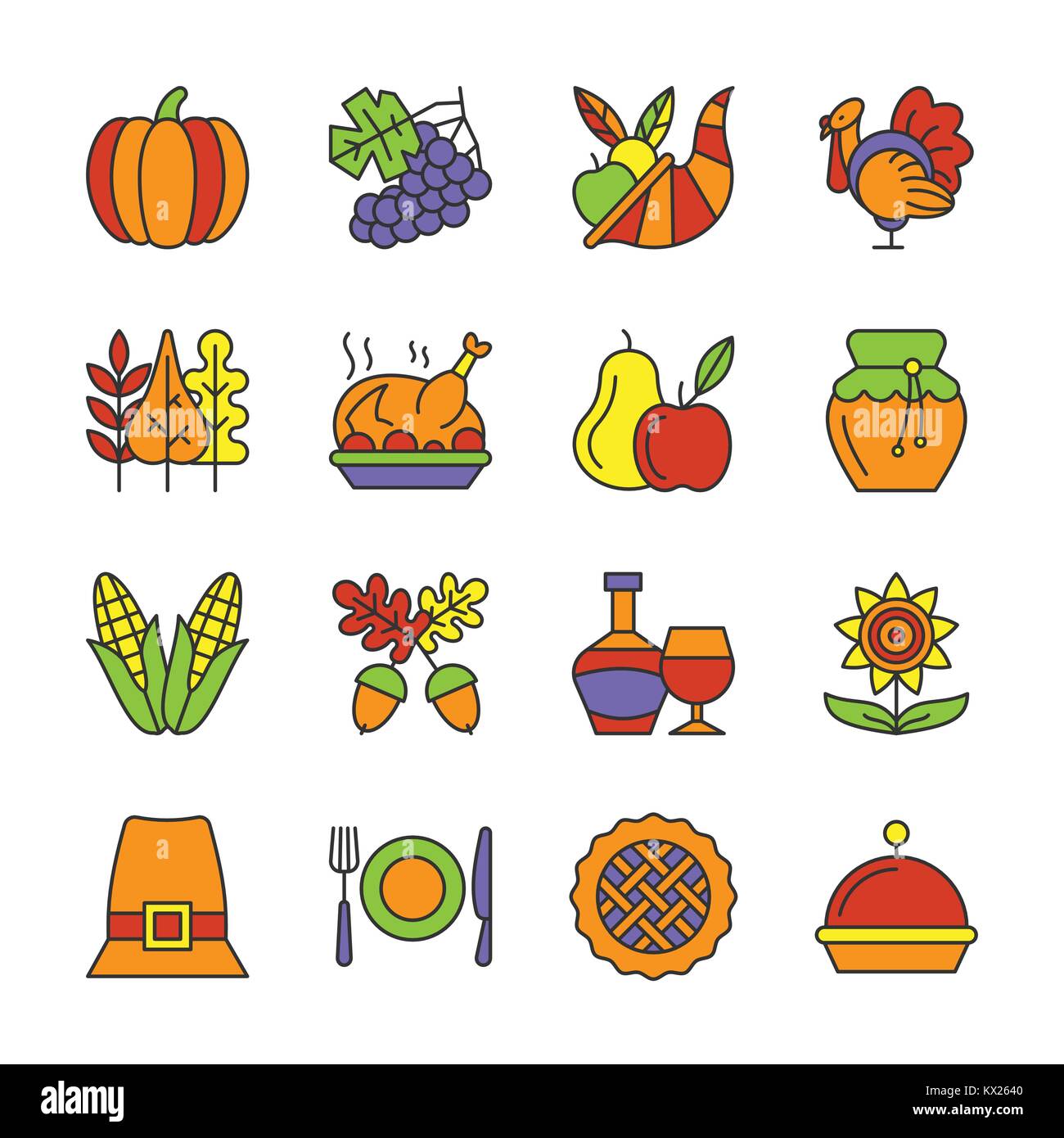 Thanksgiving Day dünne Linie Icon Set. Vector Linear symbol Pack. Umrisse zeichen Farbe füllen. Editierbare Schlaganfall. Family diner Schild Kürbis, Türkei, Obst, le Stock Vektor