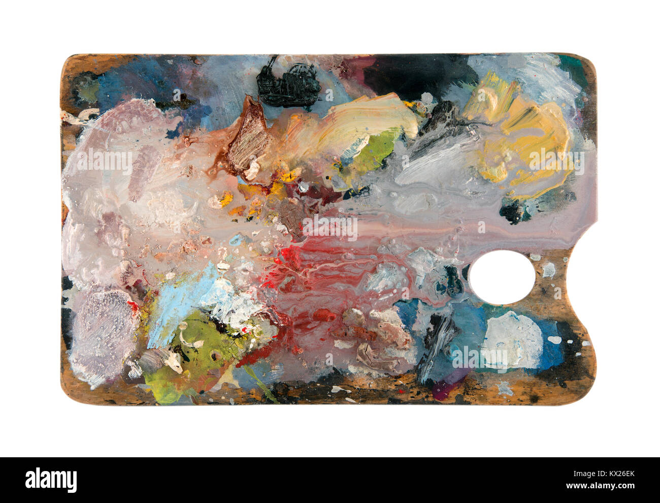 Artist's Palette mit mehreren Farben auf weißem Hintergrund mit Freistellungspfad isoliert Stockfoto