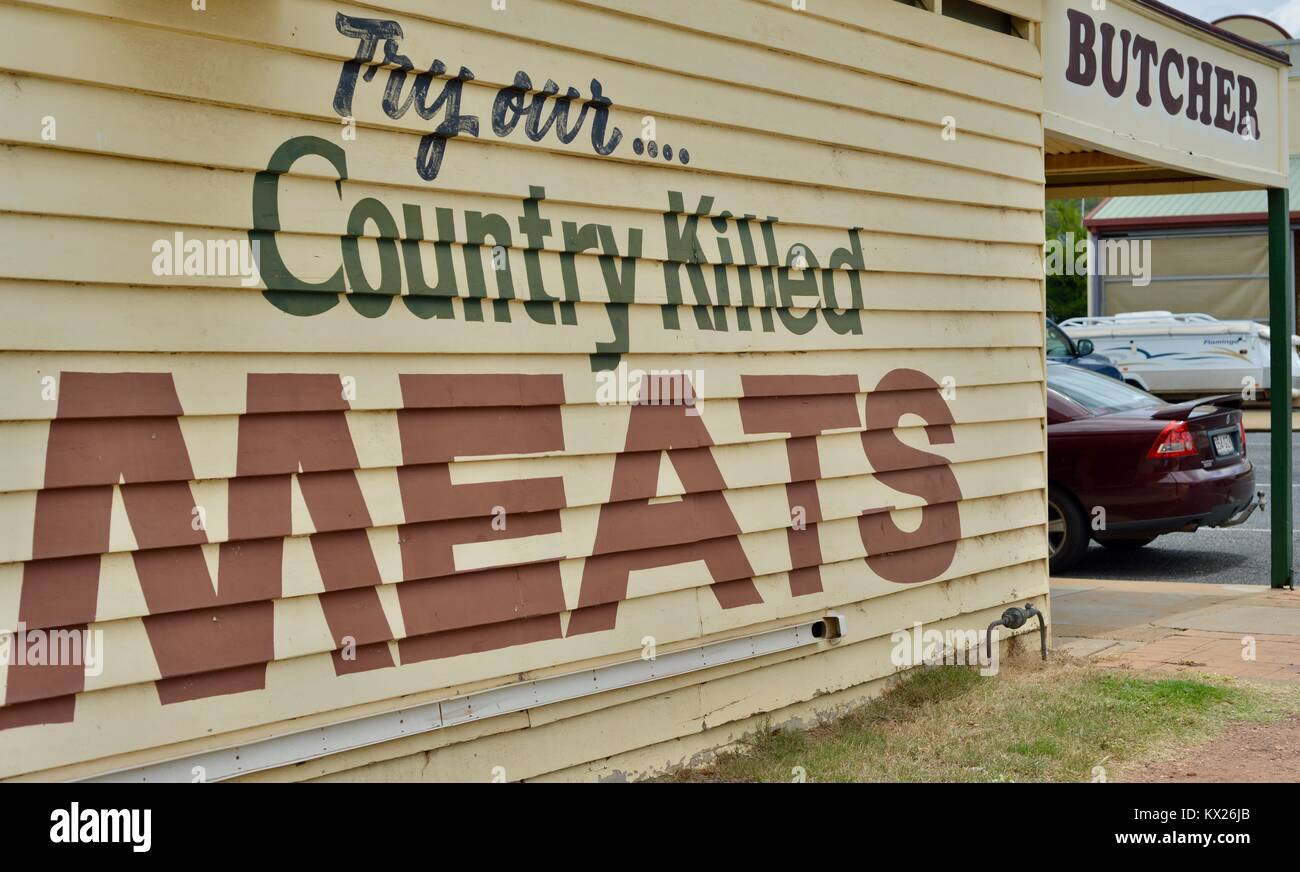 Versuchen Sie unser Land getötet, Fleisch, Metzgerei in Eidsvold, Queensland, Australien Stockfoto