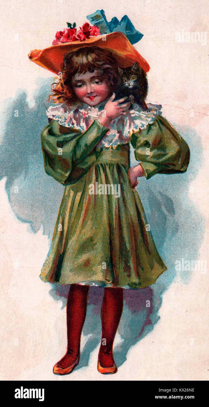 Viktorianischen Ära Bild des kleinen Mädchens in der neuesten Stil mit einer Katze auf der Schulter Stockfoto