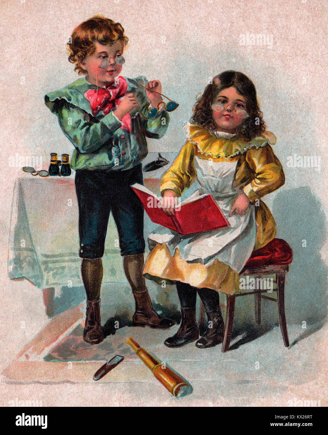 Der Optiker-viktorianischen Bild des kleinen Jungen und Mädchen spielen Optiker und Patient Stockfoto