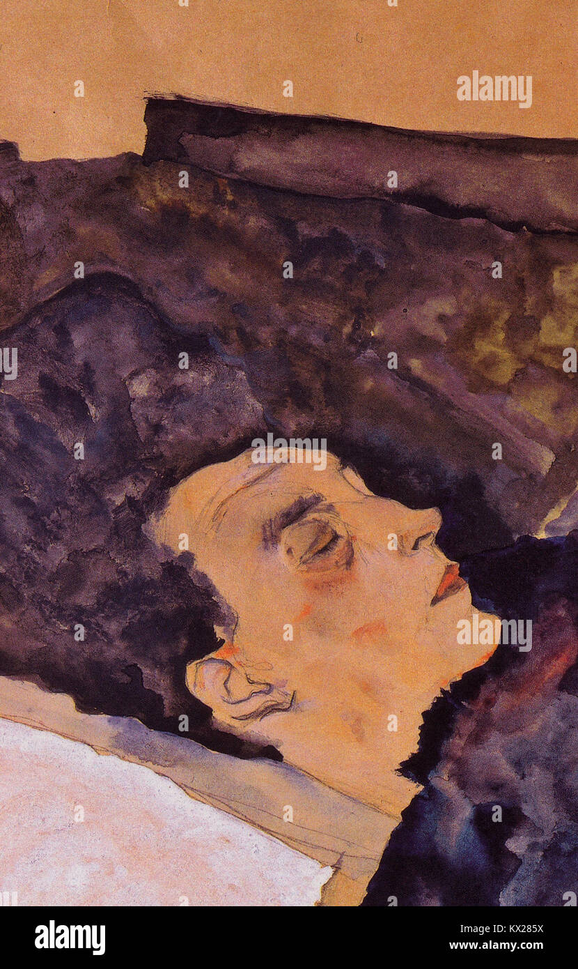 Dieses Detail zeigt „The Artist’s Mother Sleeping“ von Egon Schiele, 1911. Sie hebt die Haltung, den Ausdruck und Schieles charakteristischen linearen Stil und die Komposition hervor. Stockfoto