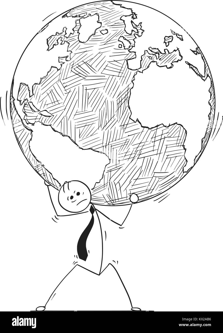 Cartoon stick Mann Zeichnung konzeptuelle Abbildung des Geschäftsmannes tragen Gewicht der Welt Globus auf seine Schultern. Konzept der globalen oder Internat Stock Vektor
