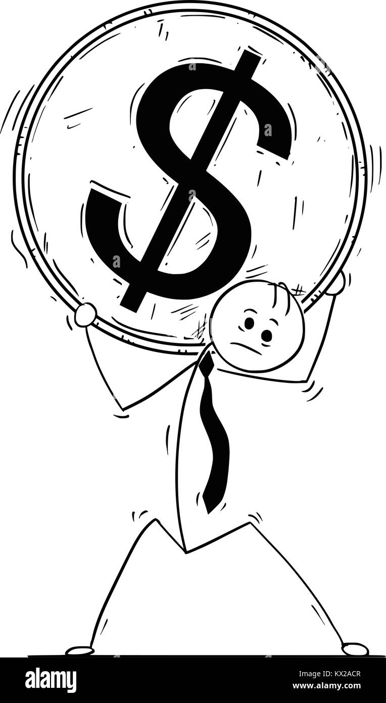 Cartoon stick Mann Zeichnung konzeptuelle Abbildung des Geschäftsmannes tragen grosse Dollar Münze auf seinen Schultern. Stock Vektor