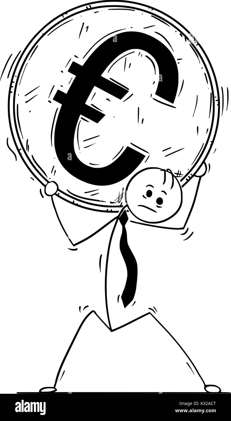 Cartoon stick Mann Zeichnung konzeptuelle Abbildung des Geschäftsmannes tragen große Euro Münze auf seinen Schultern. Stock Vektor