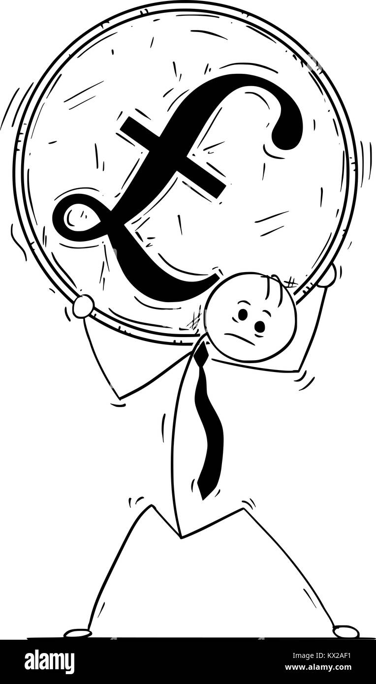 Cartoon stick Mann Zeichnung konzeptuelle Abbildung des Geschäftsmannes tragen große Pfund Sterling Münze auf seinen Schultern. Stock Vektor