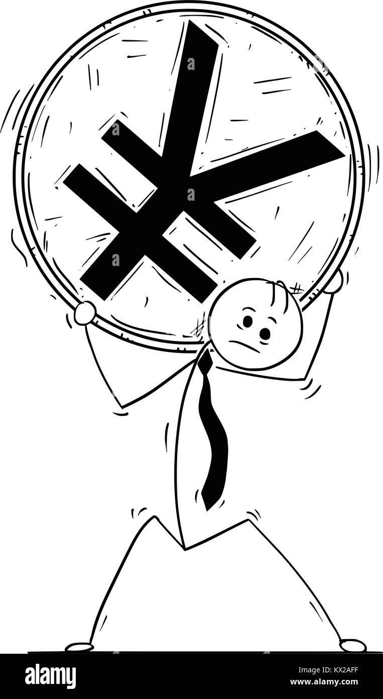 Cartoon stick Mann Zeichnung konzeptuelle Abbildung des Geschäftsmannes tragen große Yen oder Yuan Münze auf seinen Schultern. Stock Vektor