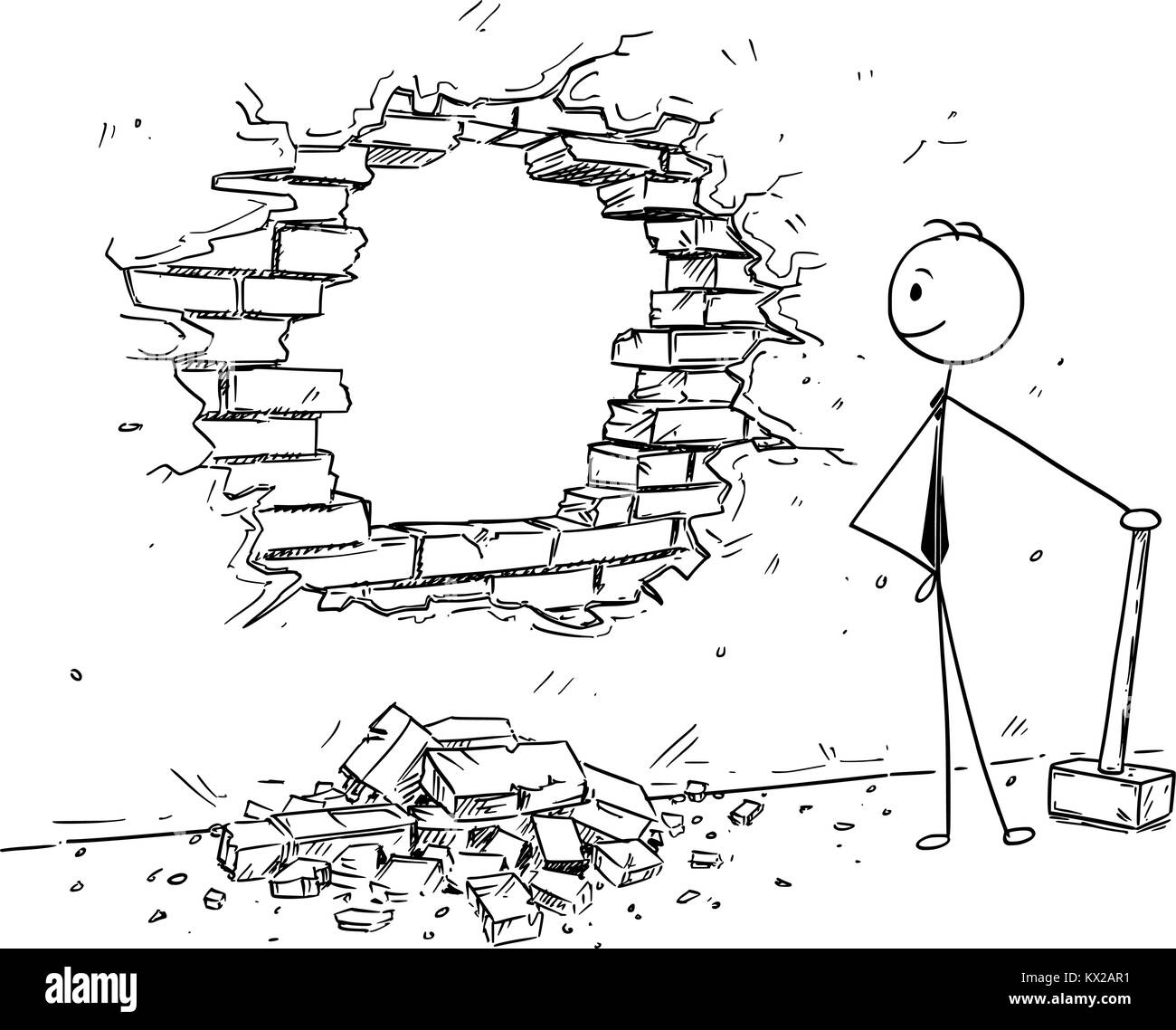 Cartoon stick Mann Zeichnung konzeptionelle Darstellung der Geschäftsmann mit dem Hammer Loch in der Wand zu brechen. Das Konzept von der Beseitigung von Hindernissen und Lo Stock Vektor