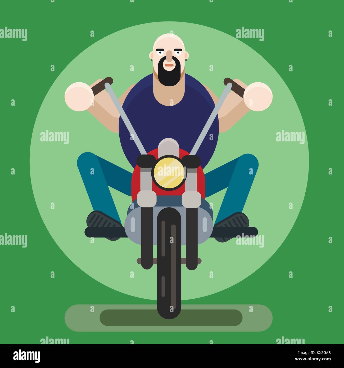 Mann Biker. Vector Illustration, bärtiger Kerl auf Motorrad Stock Vektor