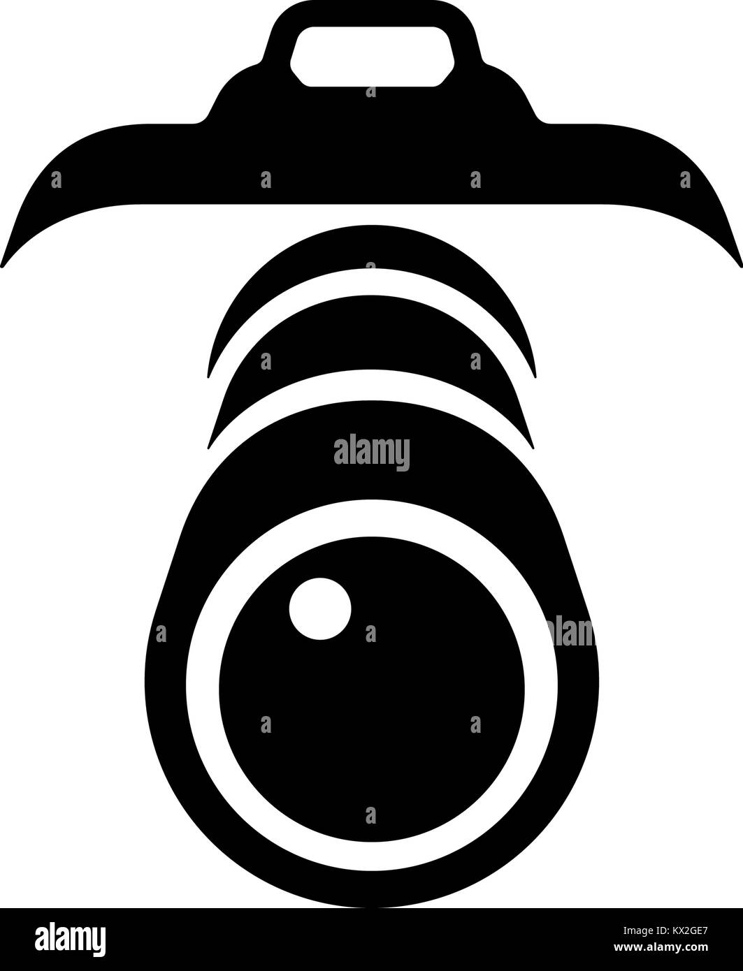 Kamera mit Objektiv und Blitz auf weißem Hintergrund. Vektor Icon Design. Stock Vektor