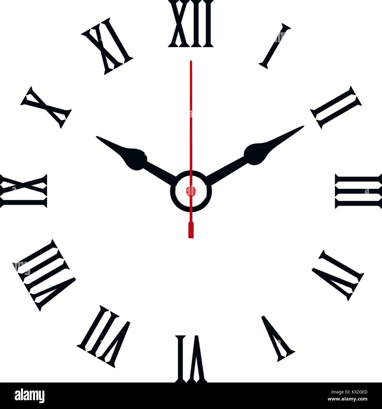 Römische Ziffern geprägt minimal Symbol Uhr auf weißem Hintergrund. Stock Vektor