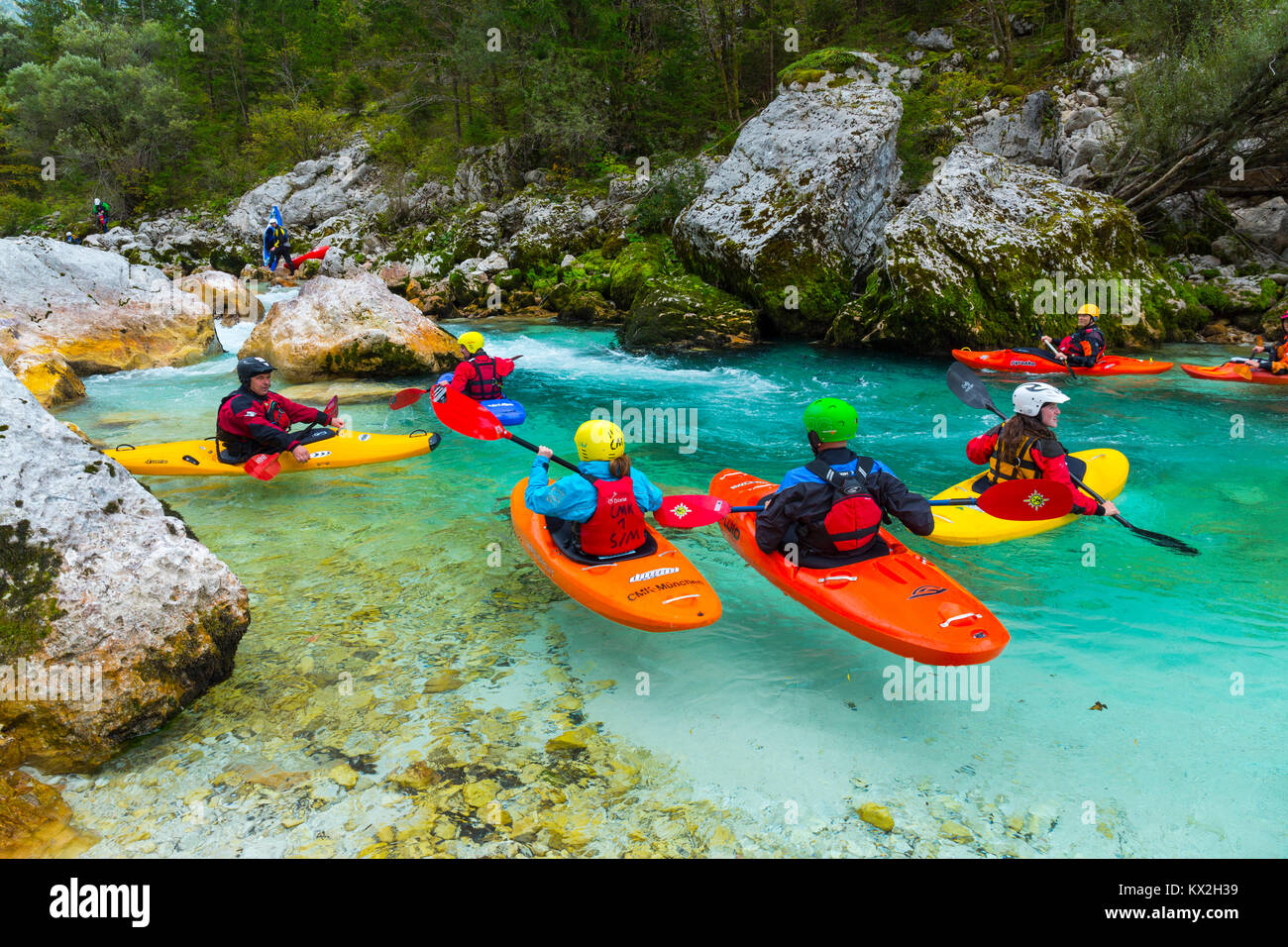Kajak, Fluss Soca, Soca Tal, die Julischen Alpen, Gemeinde Bovec, Slowenien, Europa Stockfoto