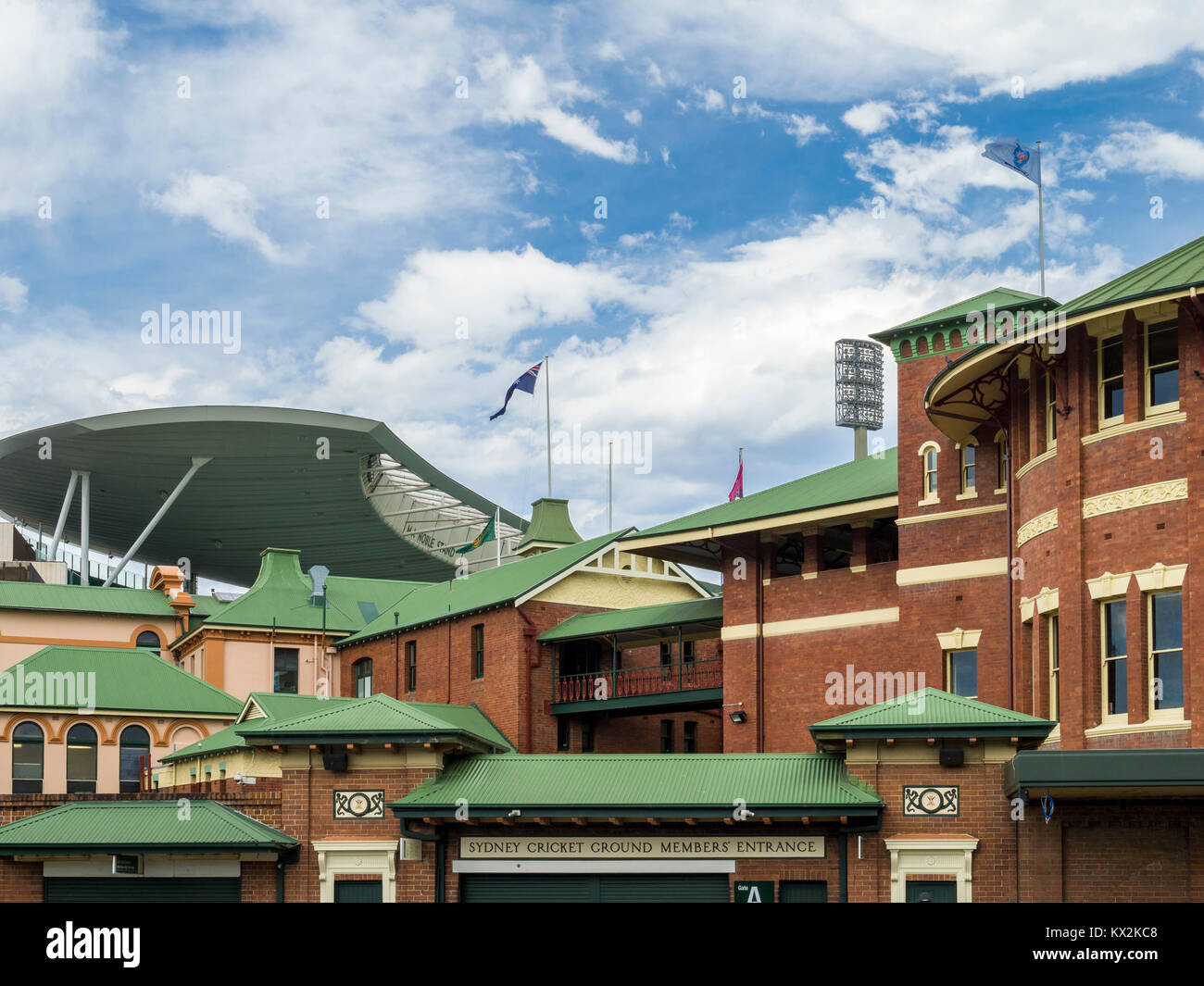 Außen am Straßenrand Ansicht der Mitglieder Pavillon und Eingang der Sydney Cricket Ground, Moore Park, Sydney, New South Wales, Australien. Stockfoto