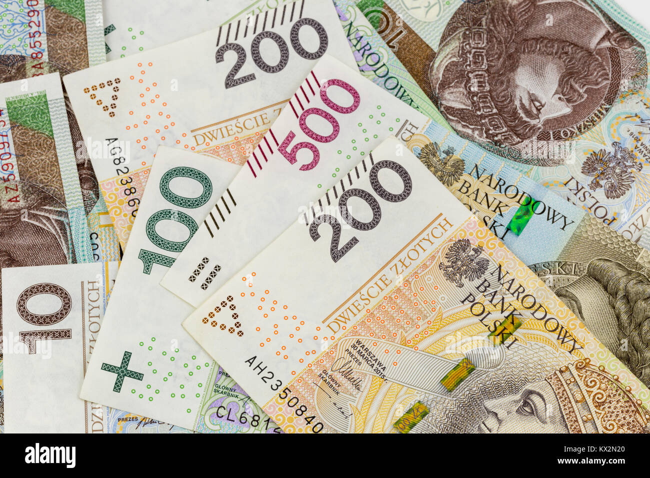 Neue polnische Banknoten 100, 200 und 500 Zloty Stockfoto