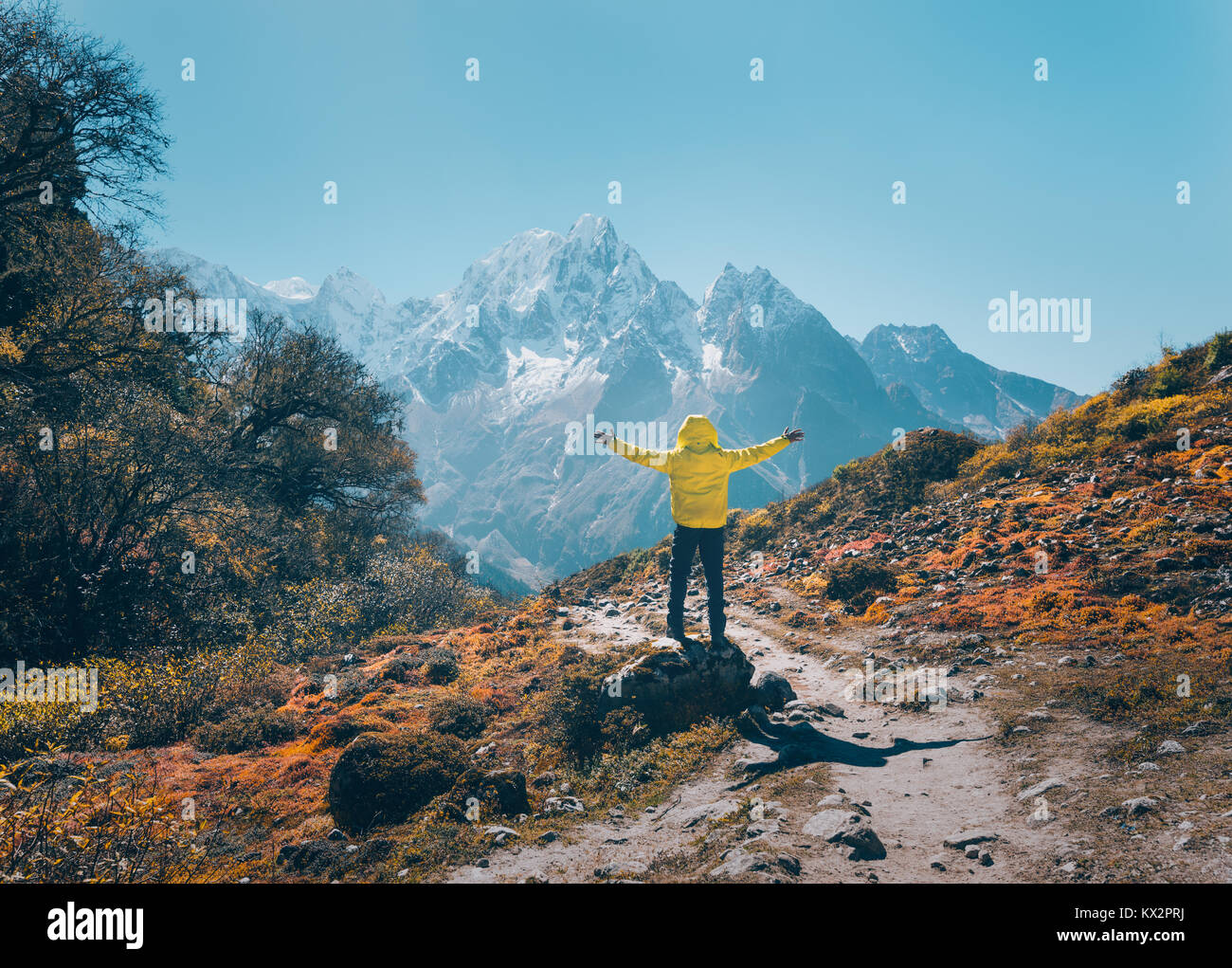 Stehende Mann mit erhobenen Armen auf dem Stein und Blick auf schneebedeckte Berge. Landschaft mit Reisenden, hohe Felsen mit schneebedeckten Gipfeln, Gras, Baum Stockfoto
