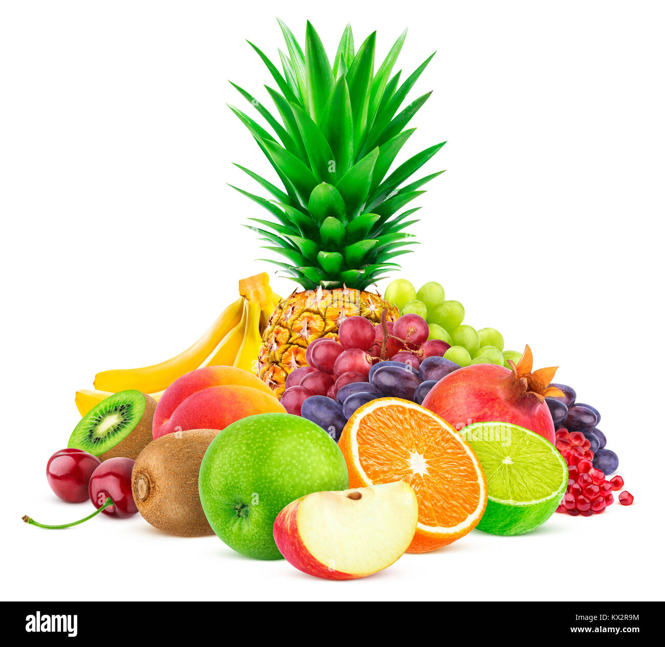 Auswahl an exotischen Früchten isoliert auf weißem Hintergrund Stockfoto