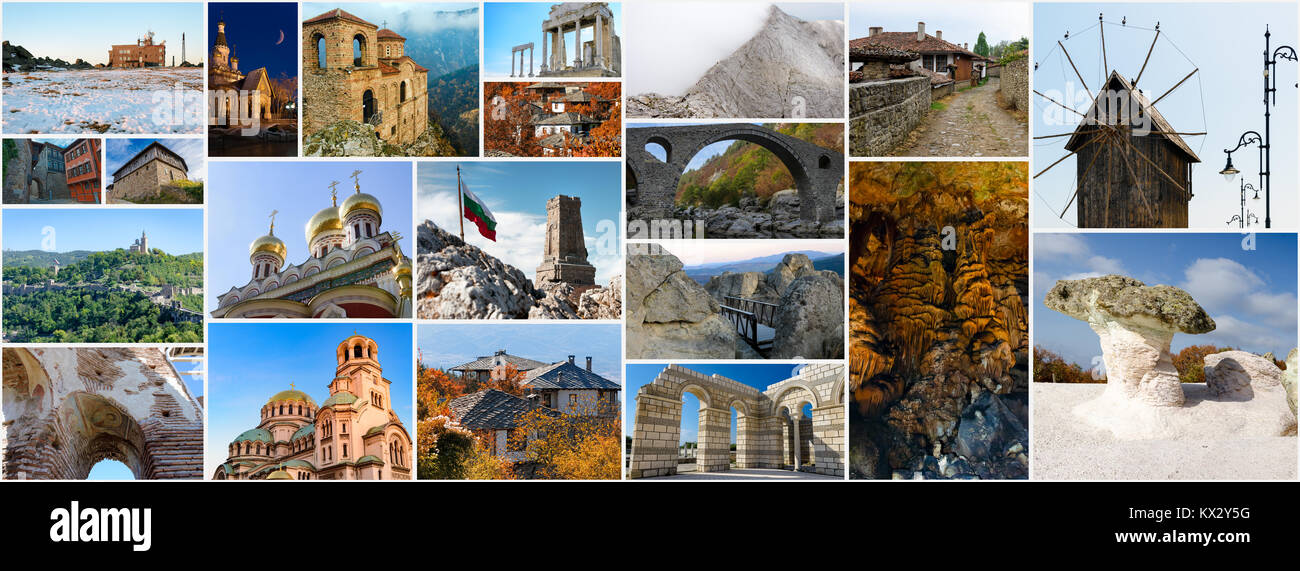Collage der Bulgarischen Sehenswürdigkeiten, ikonischen Orte und beliebte Reiseziele, Seitenverhältnis für soziales Netzwerk cover photo Stockfoto