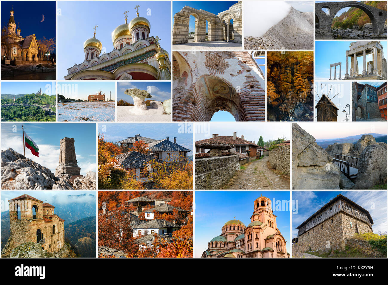Collage der Bulgarischen Sehenswürdigkeiten, ikonischen Orte und beliebte Reiseziele Stockfoto