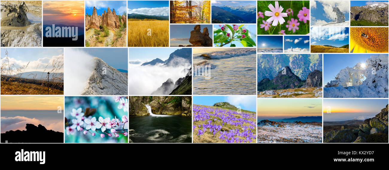 Collage aus verschiedenen Natur Fotos in verschiedenen Jahreszeiten, Seitenverhältnis für soziales Netzwerk cover photo Stockfoto