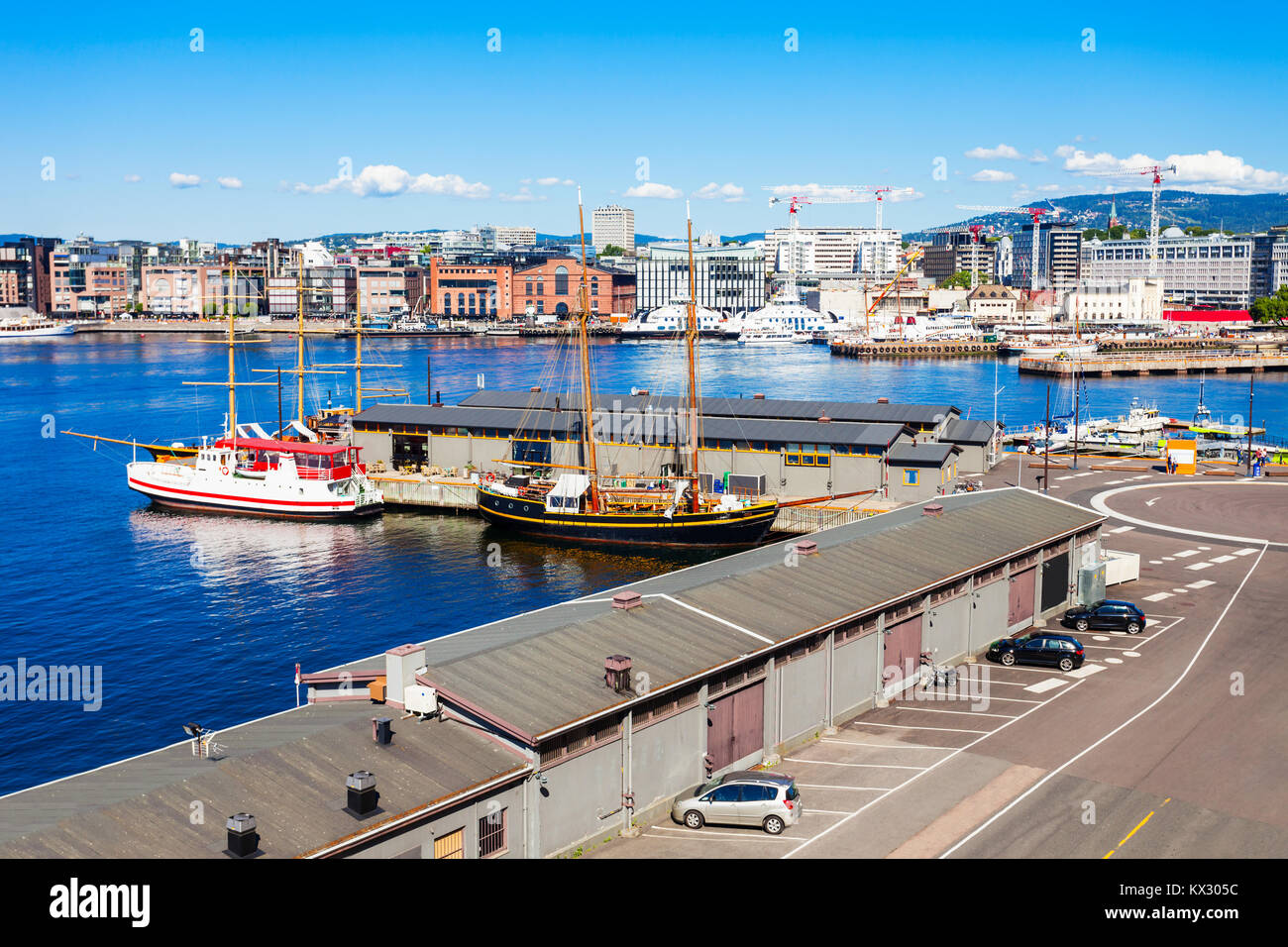 Oslo Hafen oder Hafen am Viertel Aker Brygge in Oslo. Oslo ist die Hauptstadt von Norwegen. Stockfoto