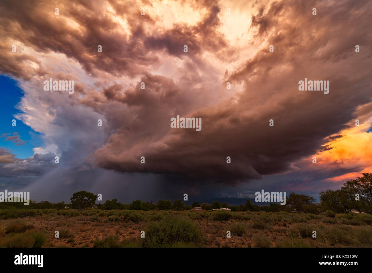 Supercell Gewitterwolken mit Hagel bei Sonnenuntergang in der Nähe von Belen, New Mexico Stockfoto