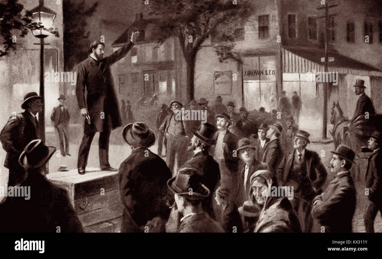 Abbildung des amerikanischen Evangelisten Dwight Lyman (D.L.) Moody predigt auf der Straße früh in seiner Karriere. Stockfoto