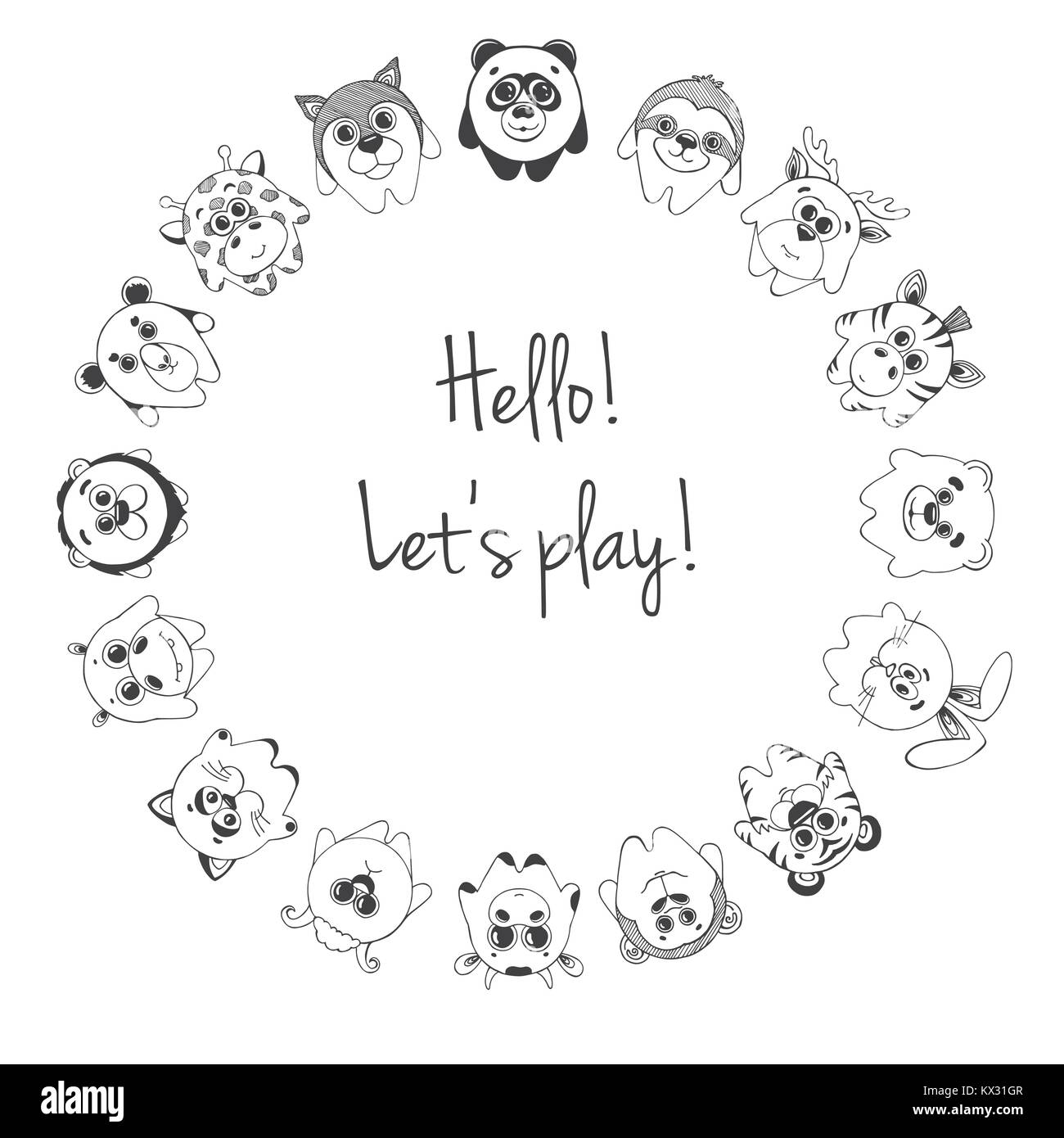 Andere niedliche Tiere stehen in einem Kreis. Inschrift Hallo, lass uns spielen. Kinder- Muster für die Dekoration. Vector Illustration einer Skizze Stil. Stock Vektor
