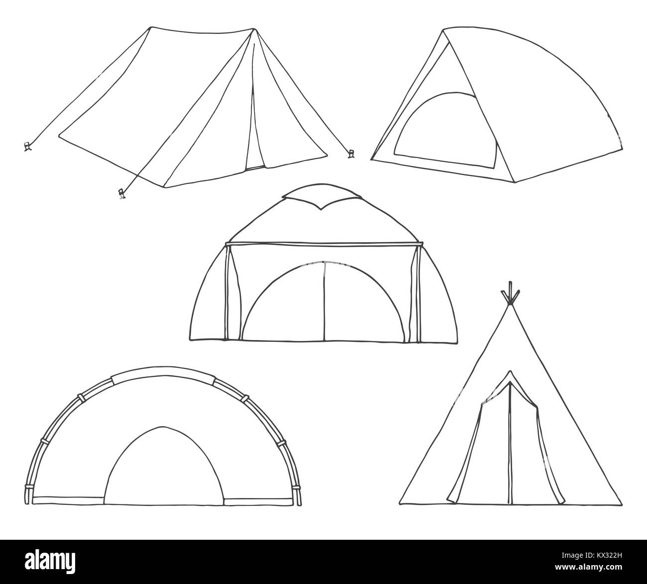 Satz von verschiedenen touristischen Zelte. Hand gezeichnet Vector Illustration einer Skizze Stil. Stock Vektor