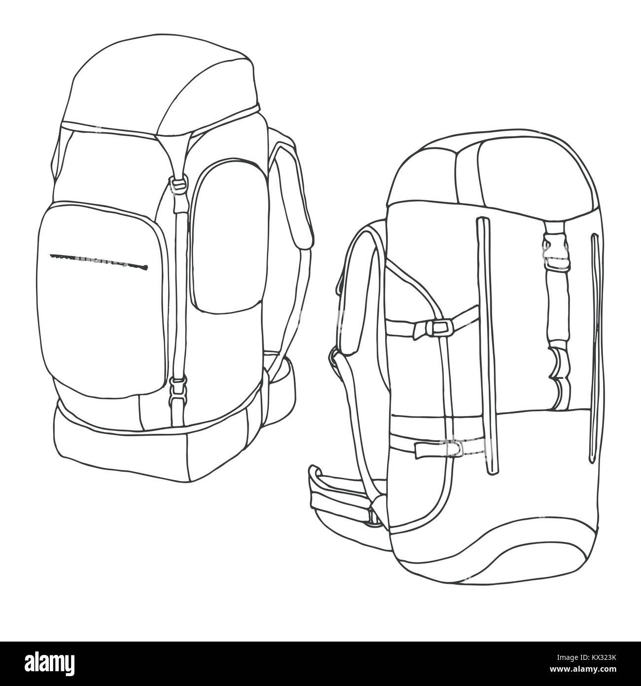 Touristische Rucksäcke isoliert auf weißem Hintergrund. Hand gezeichnet Vector Illustration einer Skizze Stil. Stock Vektor