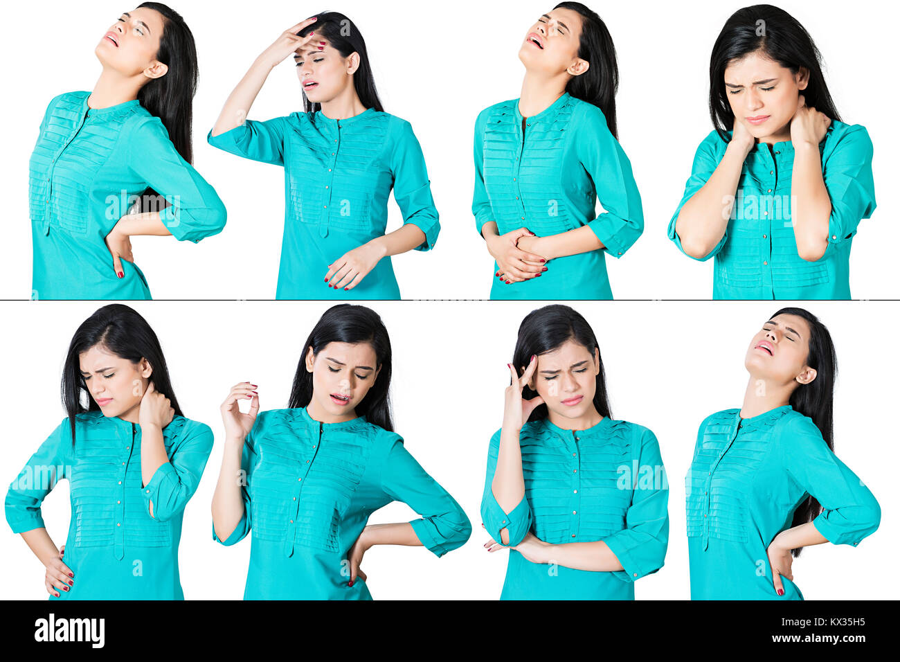 Montage Bild indische Frau, Bauchschmerzen, Rückenschmerzen, Kopfschmerzen, Problem Stockfoto