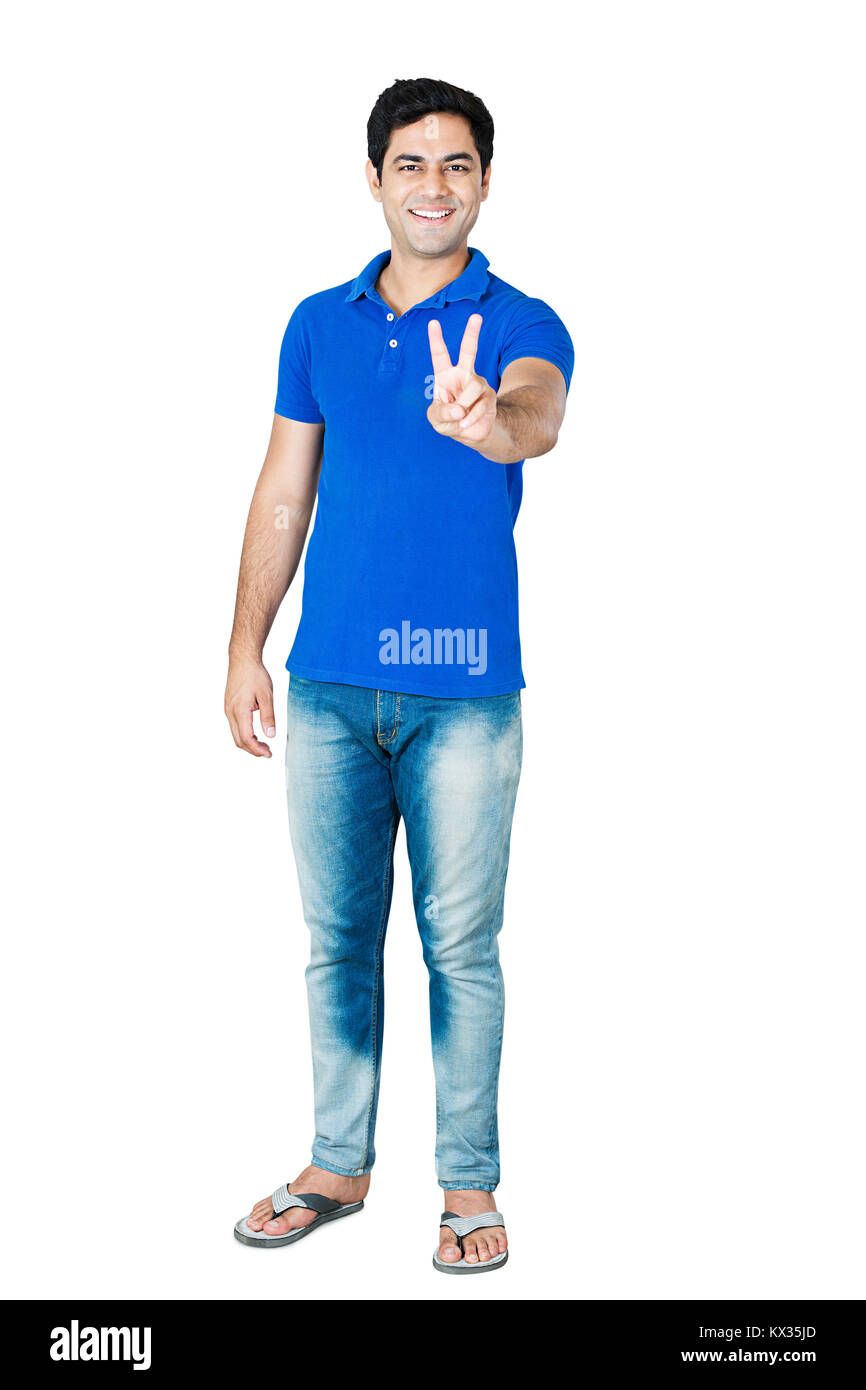 1 mann Zeige Finger Victory Zeichen Erfolg Leistung weißen Hintergrund Stockfoto