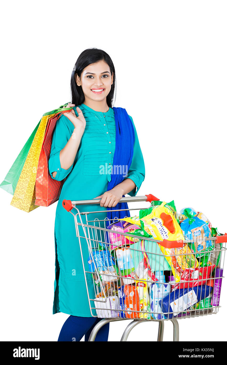 1 Lady Einkaufstasche mit Einkaufswagen voller Lebensmittelgeschäft Stockfoto