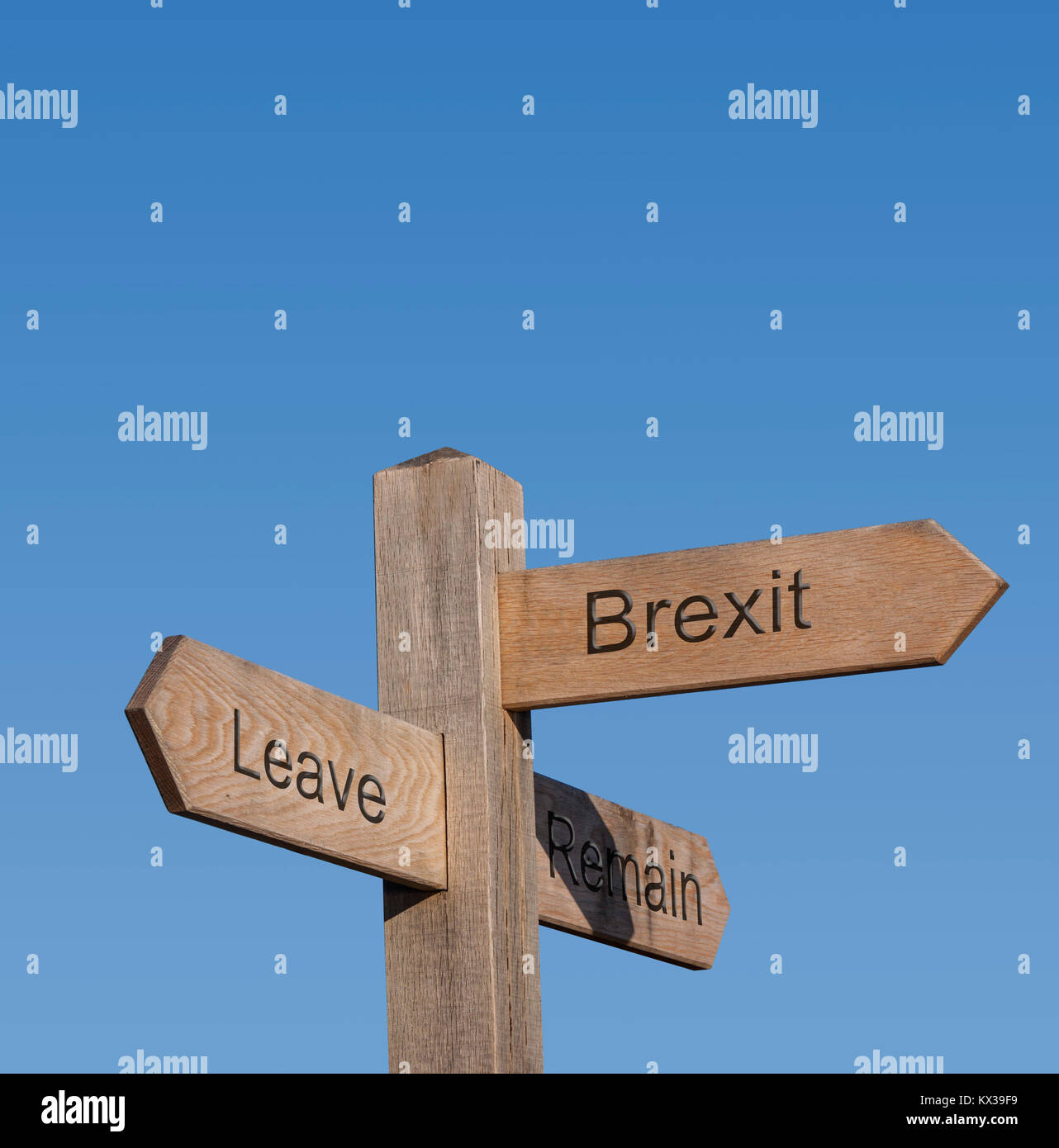 Wegweiser zeigen lassen, bleiben, Europa, brexit Stimmen. Stockfoto